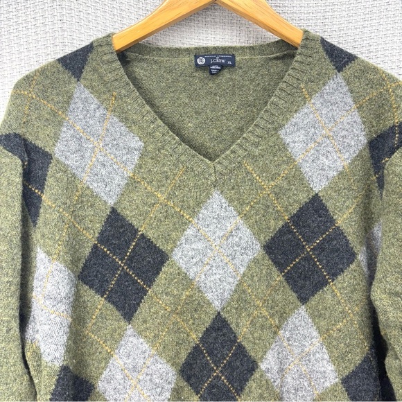 J Crew Men's Argyle Sweater Gray Green 100% Lambs Wool Pullover Men Size XL - Picture 2 of 8